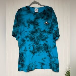Champion Embroidered Logo Blue Black Tie Dye Short Sleeve Tee Shirt Mens XL